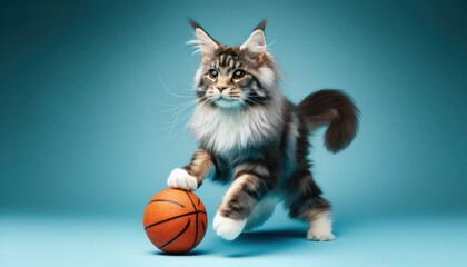 A Maine Coon cat dribbling a basketball, isolated on a blue background.