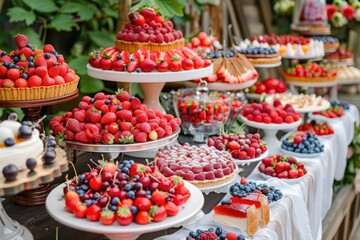 Fototapeta na wymiar Candy bar. Banquet table full of berries and an assortment of sweets. pie and cake. wedding on the nature