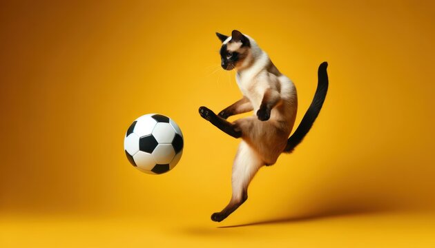 A Siamese cat kicking a soccer ball, isolated on a yellow background.
