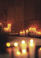 Candles, luxury and spa for ambient and flame, relax and massage room for salon treatment....