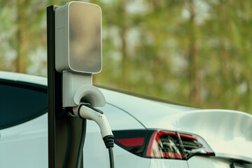 EV electric vehicle recharging battery from EV charging station in national park or outdoor autumn...