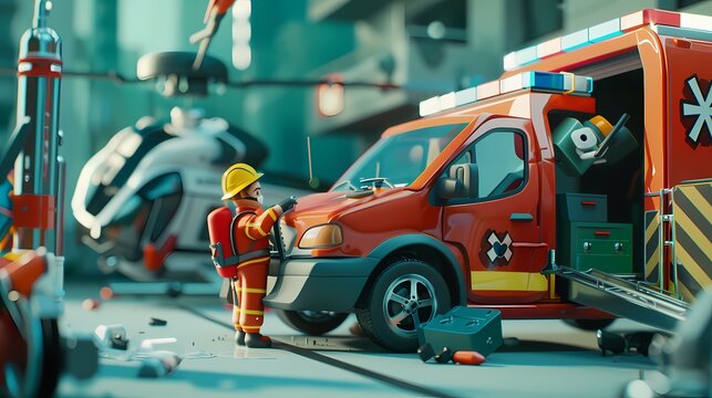 A toy firefighter preps for a rescue beside an ambulance and a helicopter