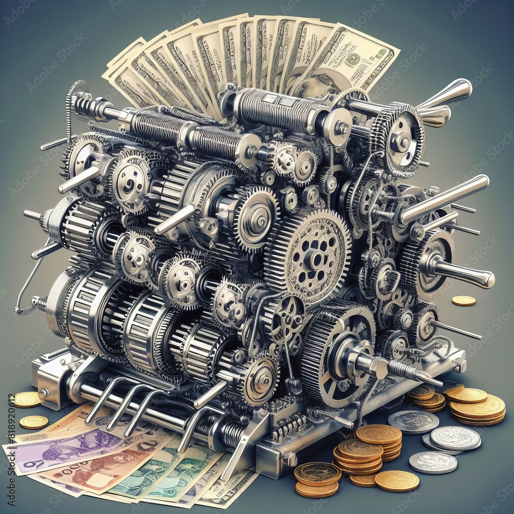 Poster an elaborate machine composed of gears and engines, whimsically combined with currency, suggesting t