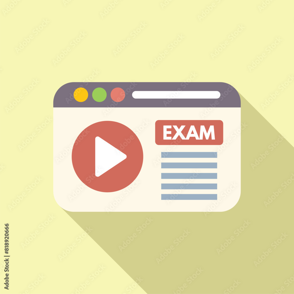 Poster flat design of a web browser window displaying an online exam page, with play button