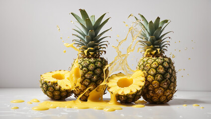 There are three pineapples on a white surface. 