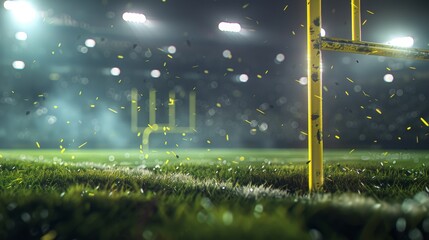 Naklejka premium Football field goalposts illuminated under stadium lights with a misty atmosphere. Concept of sports, competition, and night games.