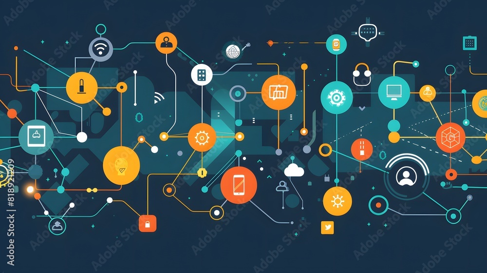 Poster diverse iot devices from various manufacturers seamlessly communicating and exchanging data, depicte