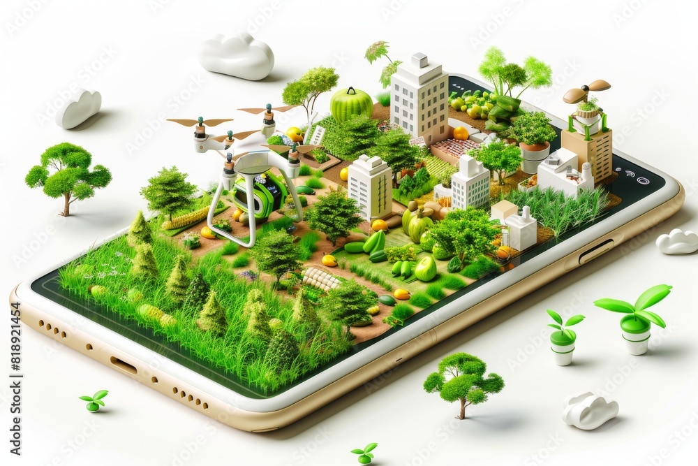 Poster smart farming solutions with isometric fruit farming using drone technology for agricultural automat