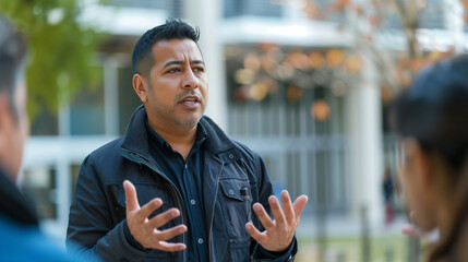 Male guide gives a tour to tourists, emotionally telling an interesting story