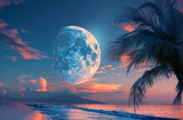 Seascape with full moon and palm trees on the seashore.