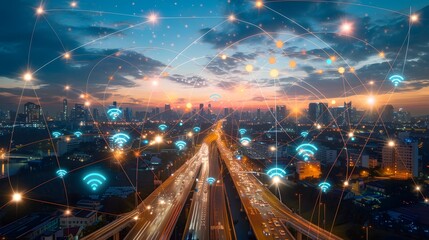  A wide network of IoT devices communicating over long distances with low power consumption, depicted by long-range connections over urban and rural landscapes 