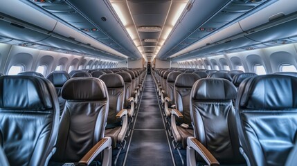 Modern aircraft cabin with rows of empty blue leather seats, overhead compartments, and windows