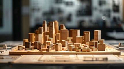 Miniature wooden model of a city skyline, representing urban planning and architectural design. Concept of construction, architecture, and urban development.
