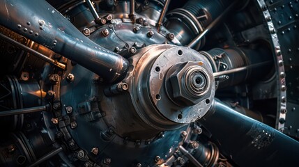 Detailed view of an aircraft engine piston and surrounding components, highlighting intricate mechanical design