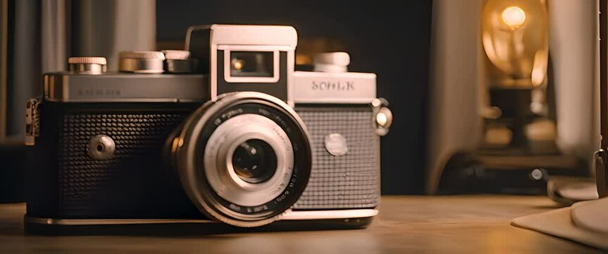 An old-fashioned, black and silver camera with big buttons and a round lens