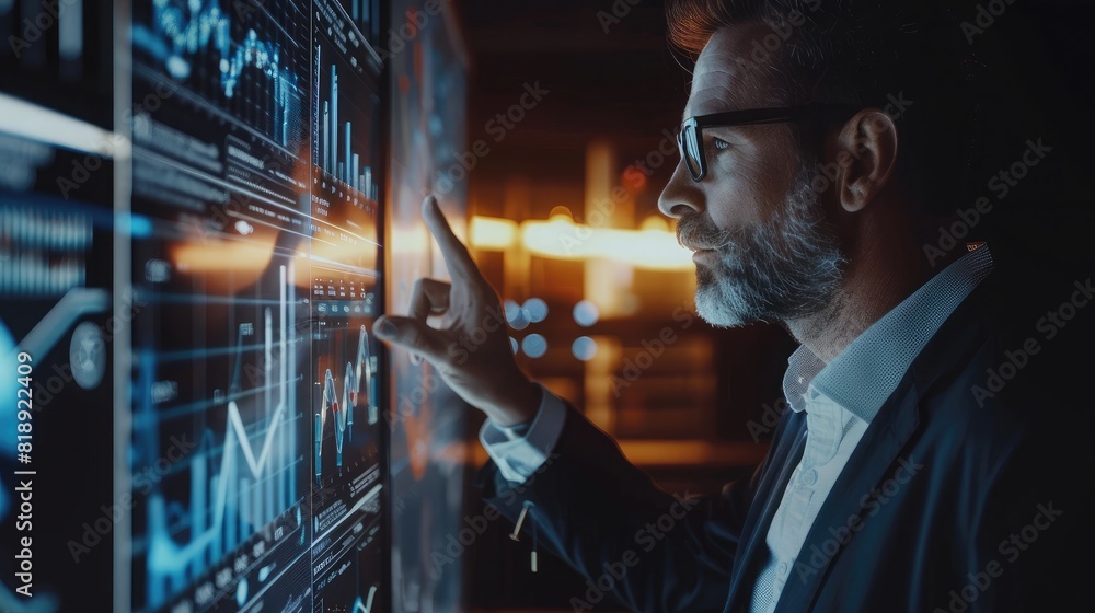 Poster businessman pointing at a virtual graph, with the chart's lines and data superimposed on his determi
