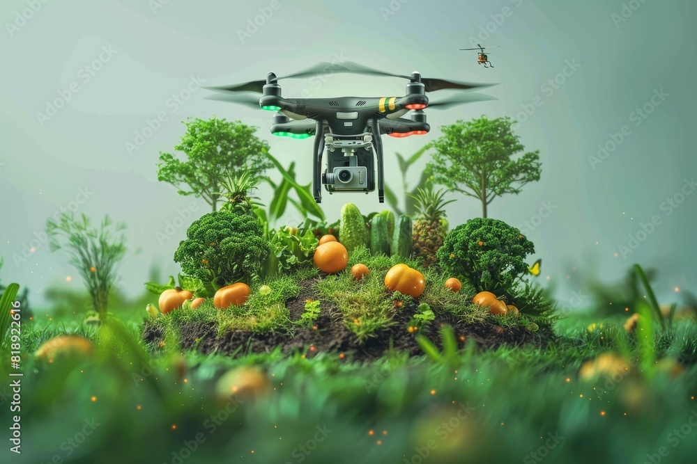 Poster smart farming solutions with isometric fruit farming using drone technology for agricultural automat
