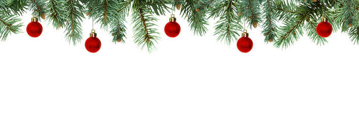 Christmas tree branches with red balls, PNG isolated on transparent background, border	
