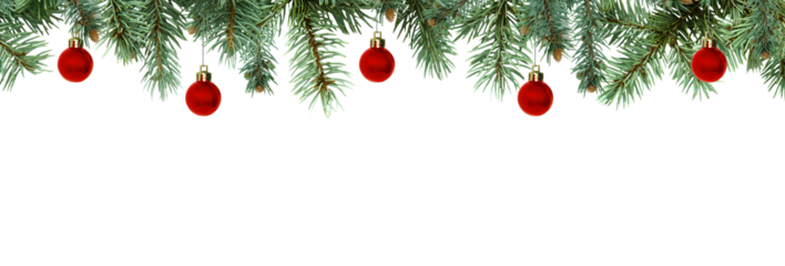 Christmas tree branches with red balls, PNG isolated on transparent background, border	