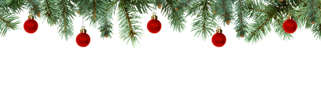 Christmas tree branches with red balls, PNG isolated on transparent background, border	