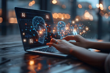 hands typing laptop, using chatbot program, virtual graphic human brain AI technology, background in office