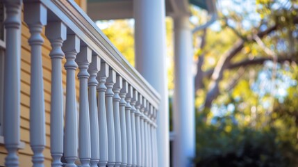 Fototapeta premium A close-up view of a wooden porch railing with intricate detailing, bathed in the soft glow of daylight, evoking a warm, homey feeling