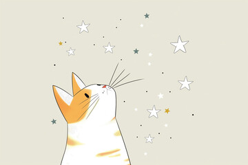 cat and stars simple drawing, flat cartoon.