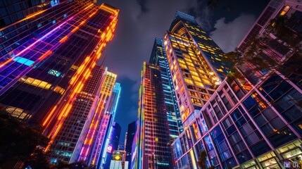 A dynamic low-angle shot of illuminated skyscrapers at night, showcasing the city's lively atmosphere and modern architecture