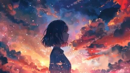 A digital art illustration of an anime-style girl looking up towards a vibrant sunset sky filled with stars and clouds