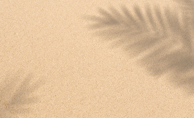 Fototapeta na wymiar Sand texture background with palm leaves silhouette,Coconut leaf Shadow on Brown Sandy Beach,Top view Sand Surface,Backdrop background Wide Horizon Desert dune for Summer Product Presentation