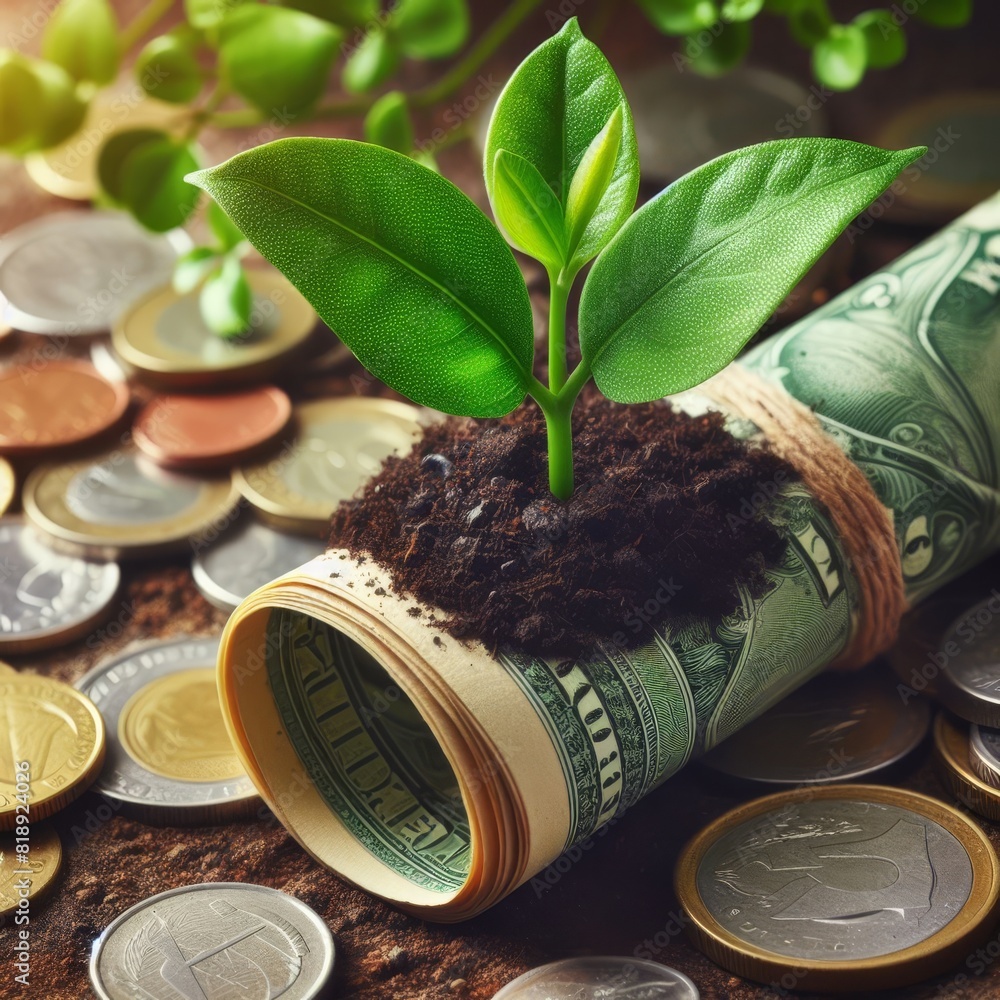 Poster an image symbolizing growth and investment with a green seedling sprouting from a roll of us dollars