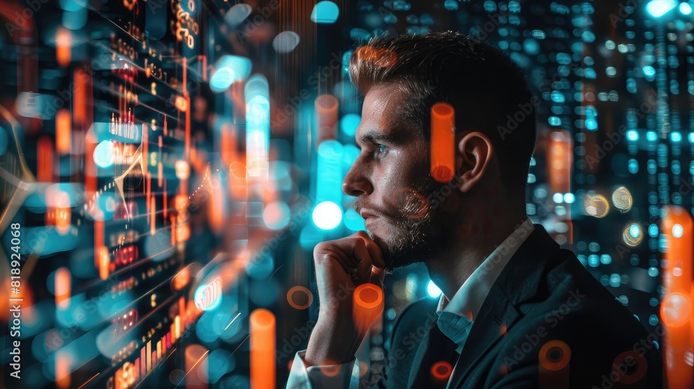 Aufkleber side profile of an investor in a suit with animated graphs and market trends superimposed, emphasizi