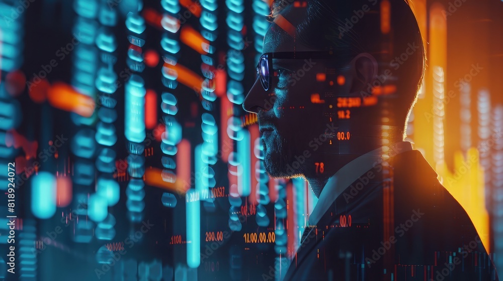 Aufkleber side profile of an investor in a suit with animated graphs and market trends superimposed, emphasizi