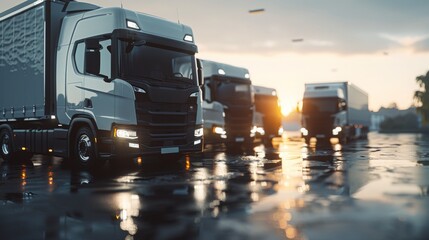 Fleet of trucks parked in a row on a wet pavement at sunrise, symbolizing transportation and logistics. Concept of transportation, logistics, and industrial work.
