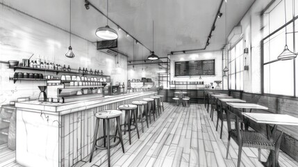 Detailed pencil sketch showing the interior of a contemporary cafe with furniture, lighting, and a menu board