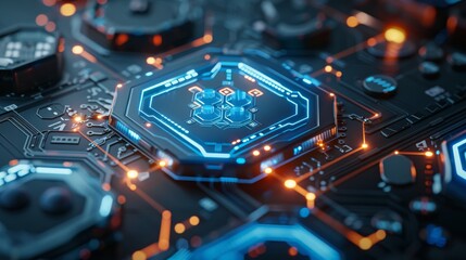 Close-up view of a futuristic circuit board with glowing components, representing advanced technology and electronics. Concept of technology, innovation, and electronics.
