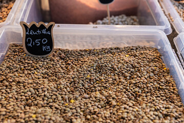 Heap of lentils in a legume shop, Oporto, Portugal