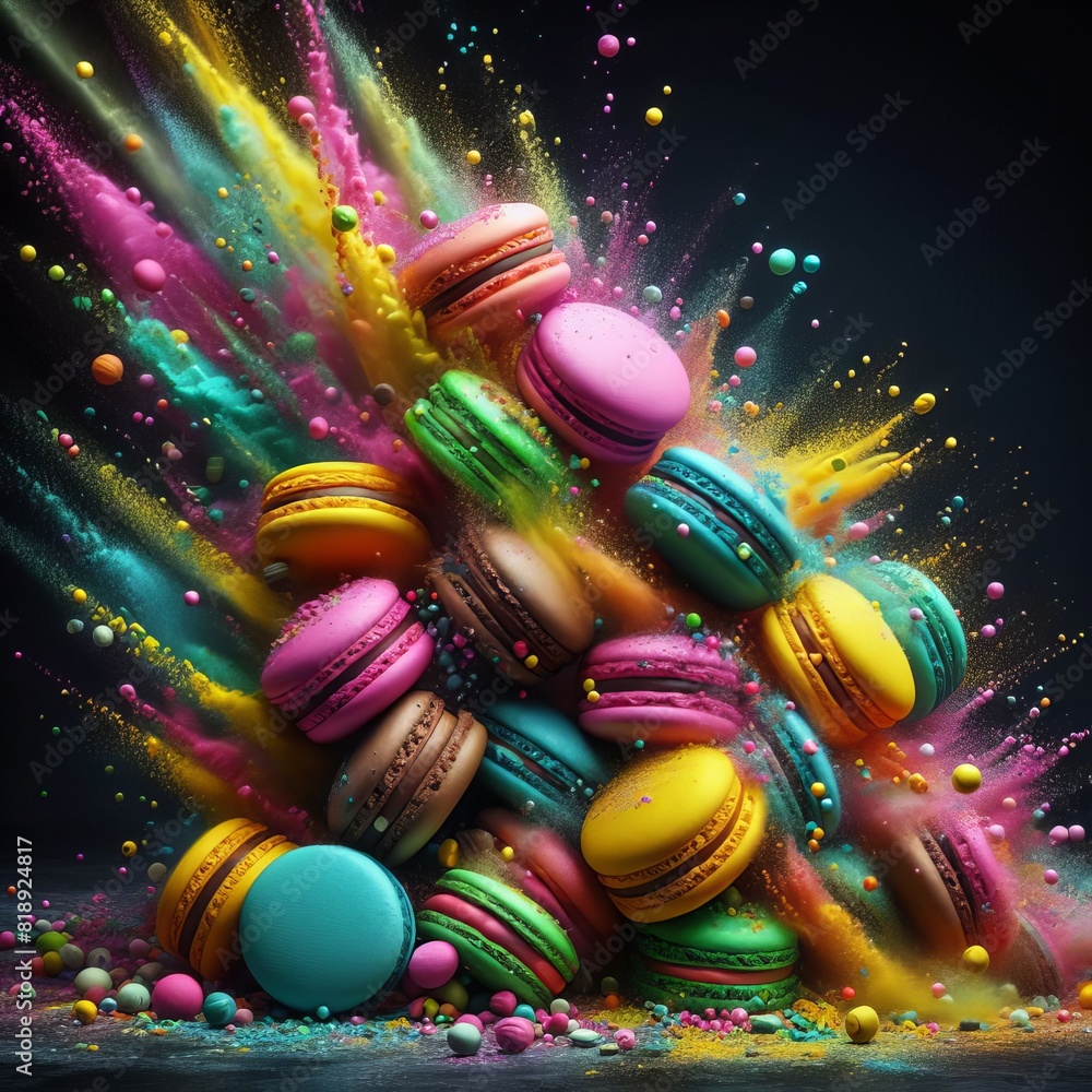 Poster a whimsical explosion of colorful macarons creates a vivid and playful scene, full of motion and spr