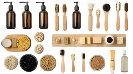 Different self care products placed on a flat layout isolated on a transparent background, PNG, Ai