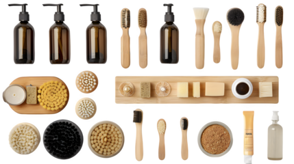 Different self care products placed on a flat layout isolated on a transparent background, PNG, Ai