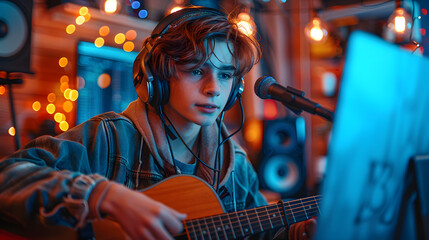 Home sound studio young teenager portrait using laptop computer and Headphones, playing guitar and recording voice music with microphone in the kid's room. Audio recording technology concept