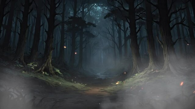 Discover the haunting charm of a dark forest blanketed in fog, where the trees whisper ancient tales and the air is heavy with anticipation, in this captivating 4K looping video.