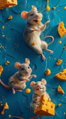Naklejka premium A decorative banner featuring cartoon mice and cheese, set against a vibrant blue background