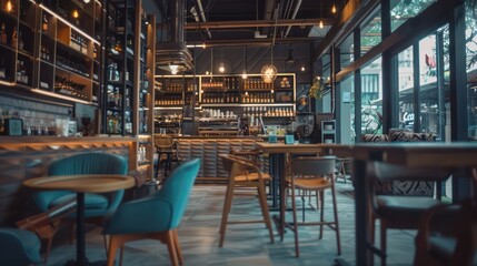 The image showcases the interior of a contemporary cafe with stylish furniture and a well-stocked bar, alluding to a relaxed urban atmosphere