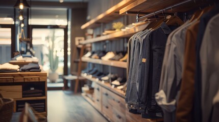 Warm-toned image showing an array of clothes on display racks in an upscale, well-organized clothing store interior with stylish decor