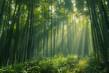 Fotobehang A dense bamboo forest with shafts of light illuminating the verdant green stalks © Nawarit