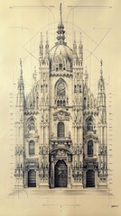 A detailed architectural drawing of a grand cathedral, showing the front facade and ornamental details