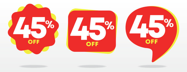45% off. Discount price, value. Special offer tag, sticker. Advertising red, yellow, business. Campaign shop, sales, retail, store. Set, vector, icon
