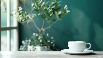 A warm cup of coffee with latte art sits on a wooden table against a backdrop of lush indoor plants by a window