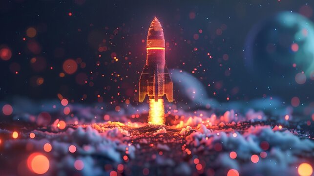 A digital marketing agency logo with a pixelated rocket ascending, symbolizing growth and innovation